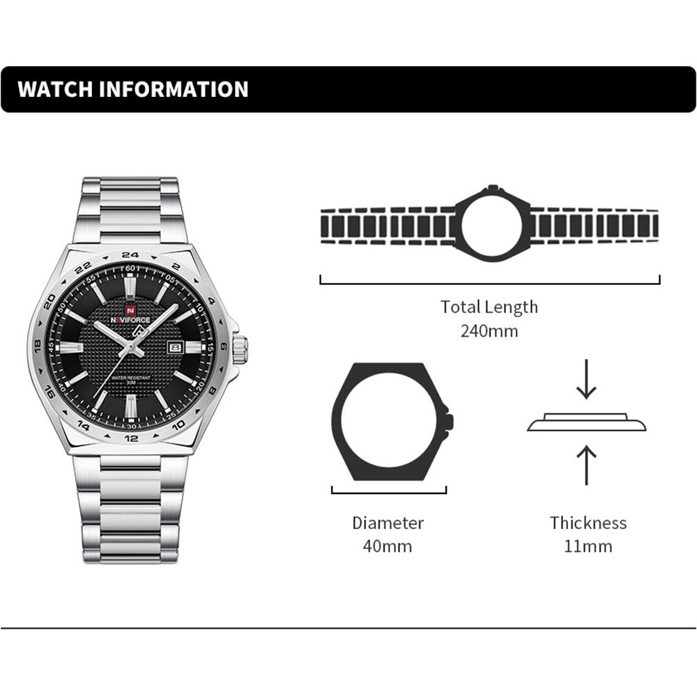 Naviforce Original Quartz Watch for Men Calendar Stainless Steel Strap Luminous Pointer Round Case Waterproof Men Watch NF9266
