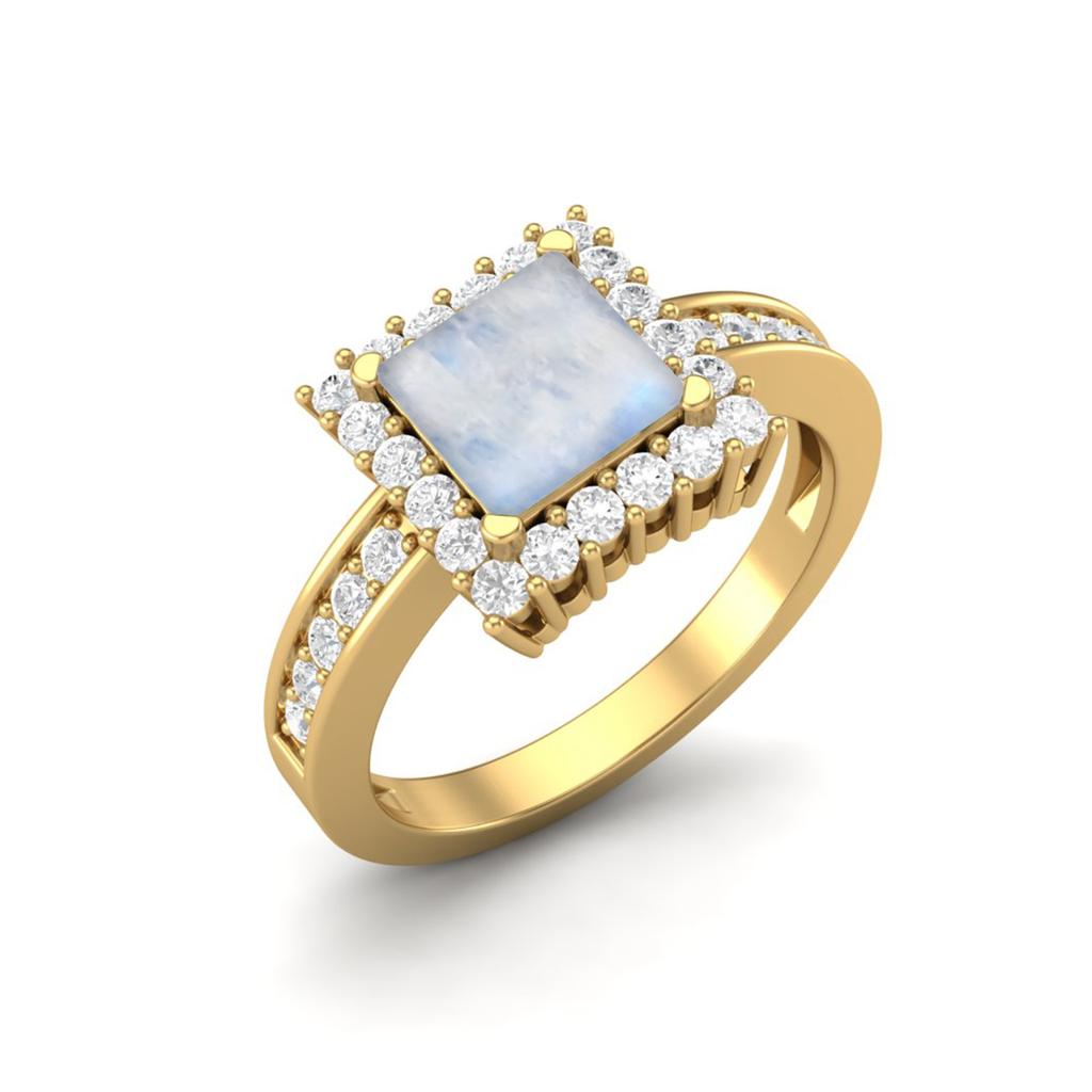 6 MM Square Cut Moonstone Gemstone Solitaire Accent 925 Sterling Silver Gold Vemreil Women Wedding Ring