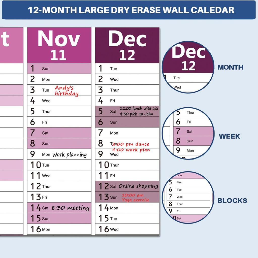 English Wall Calendar, 2026 Dry Erase Wall Planner Agenda Planner Thick Paper New Year Large Calendar For Home School Office