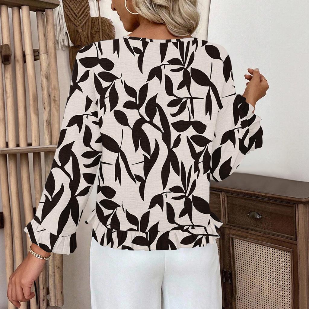 Dámský ležérní módní top s volánky, výstřihem do V, potiskem a dlouhým rukávem