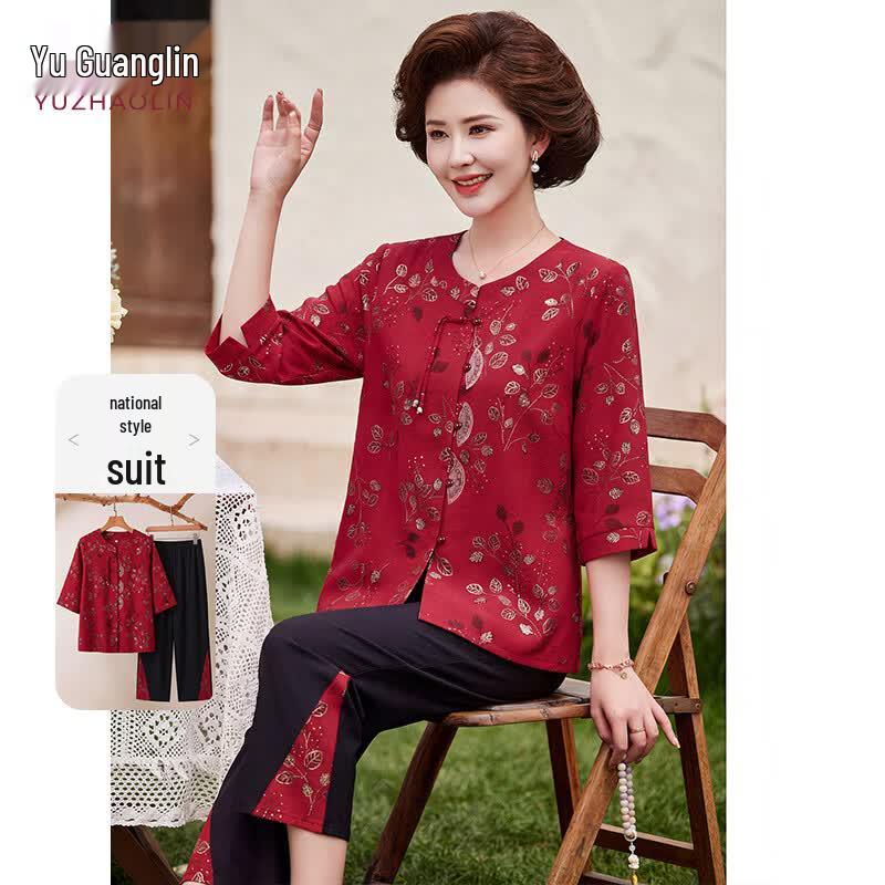 YUZHAOLIN Women s Embroidered Chiffon Mid-Sleeve Tang Suit Blouse 2XL