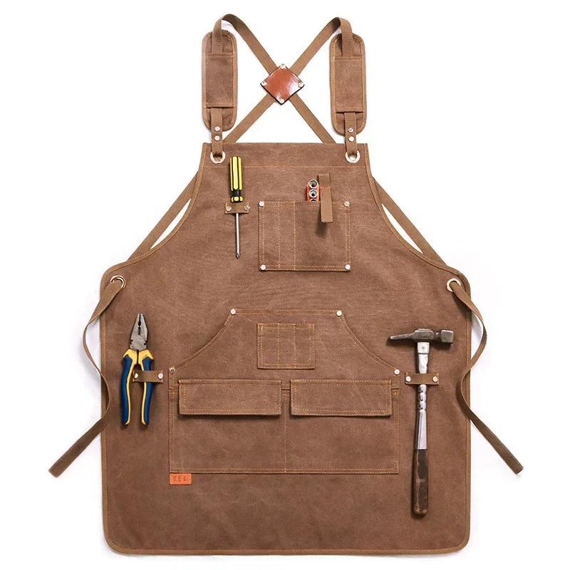 Durable Unisex Canvas Work Apron Barber Baking Cafe Garden Carpentry Restaurant Adjustable Work Wear Apron with Tool Pockets