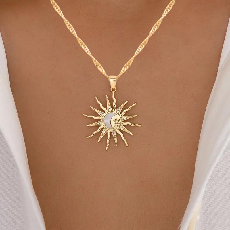 

Sun-Shaped Diamond Pendant Necklace in Alloy Material - European & American Fashion