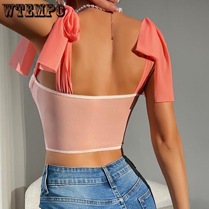 Europe and America Lace Tie Straps Tops Steel Ring Fishbone Hollowing Out Sling Fashionable Girls Cool and Refreshing In Summer