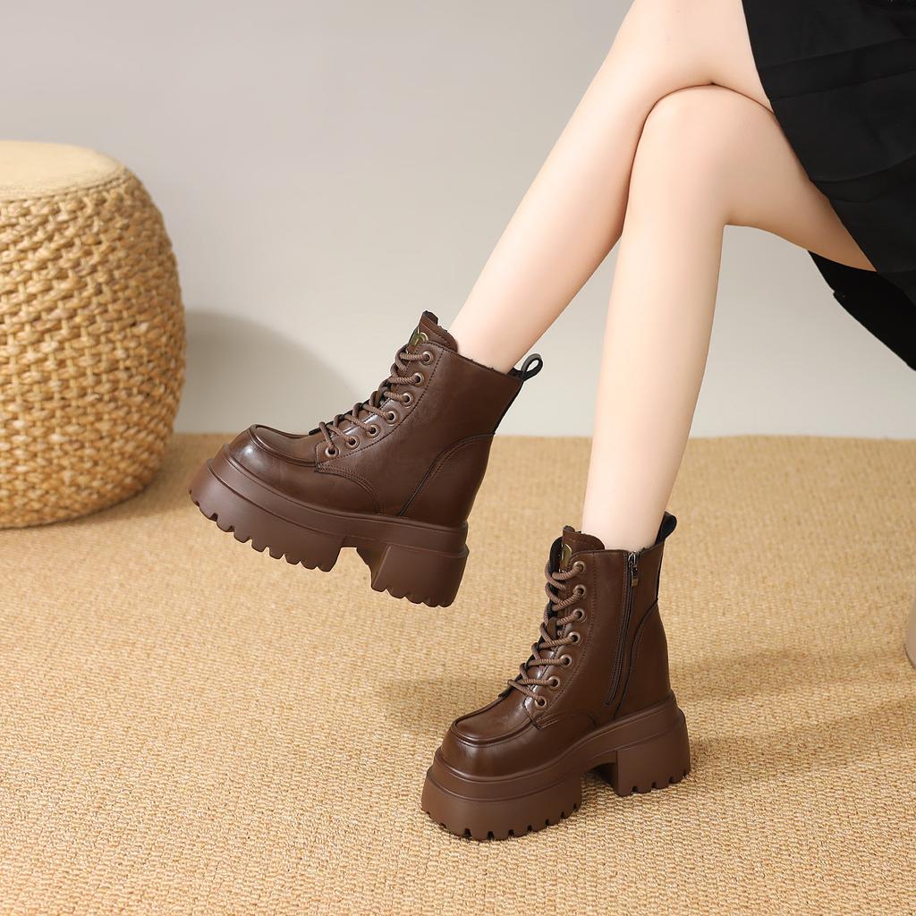 Thick-soled velvet Martin boots women's winter short boots black brown leather boots heightening non-slip women's snow boots