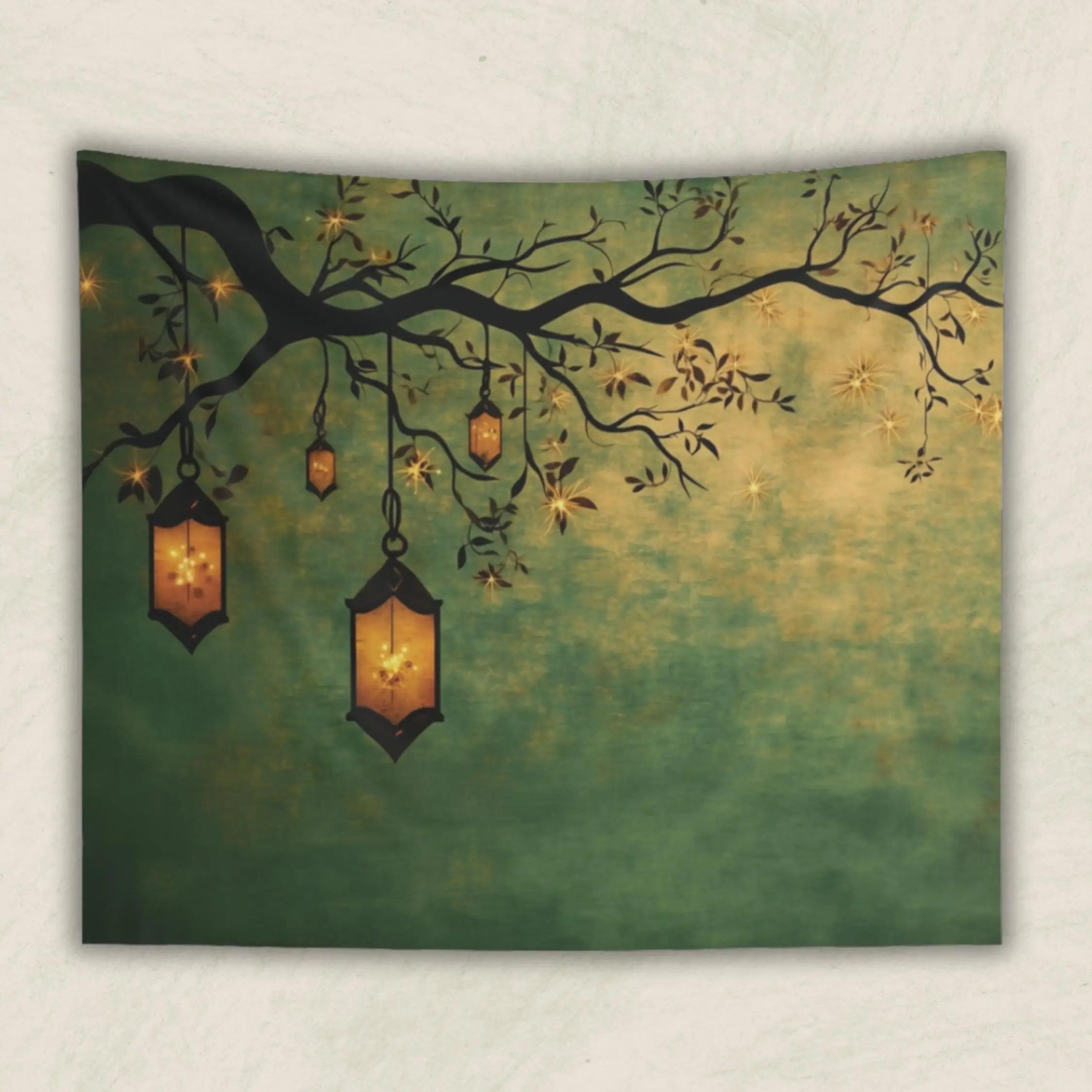 2D Flach Gedruckte Vintage Laterne Wandteppich Pfirsichhaut Baum Zweig Wandbehang Harmonisches Schlafzimmer Wohnzimmer Kunst Dekor Geschenk 150x100cm