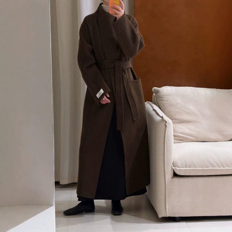 Womens Double-Faced Wool Alpaca Blend Long Coat With Oversized Notched Collar Slim Fit Winter Outerwear