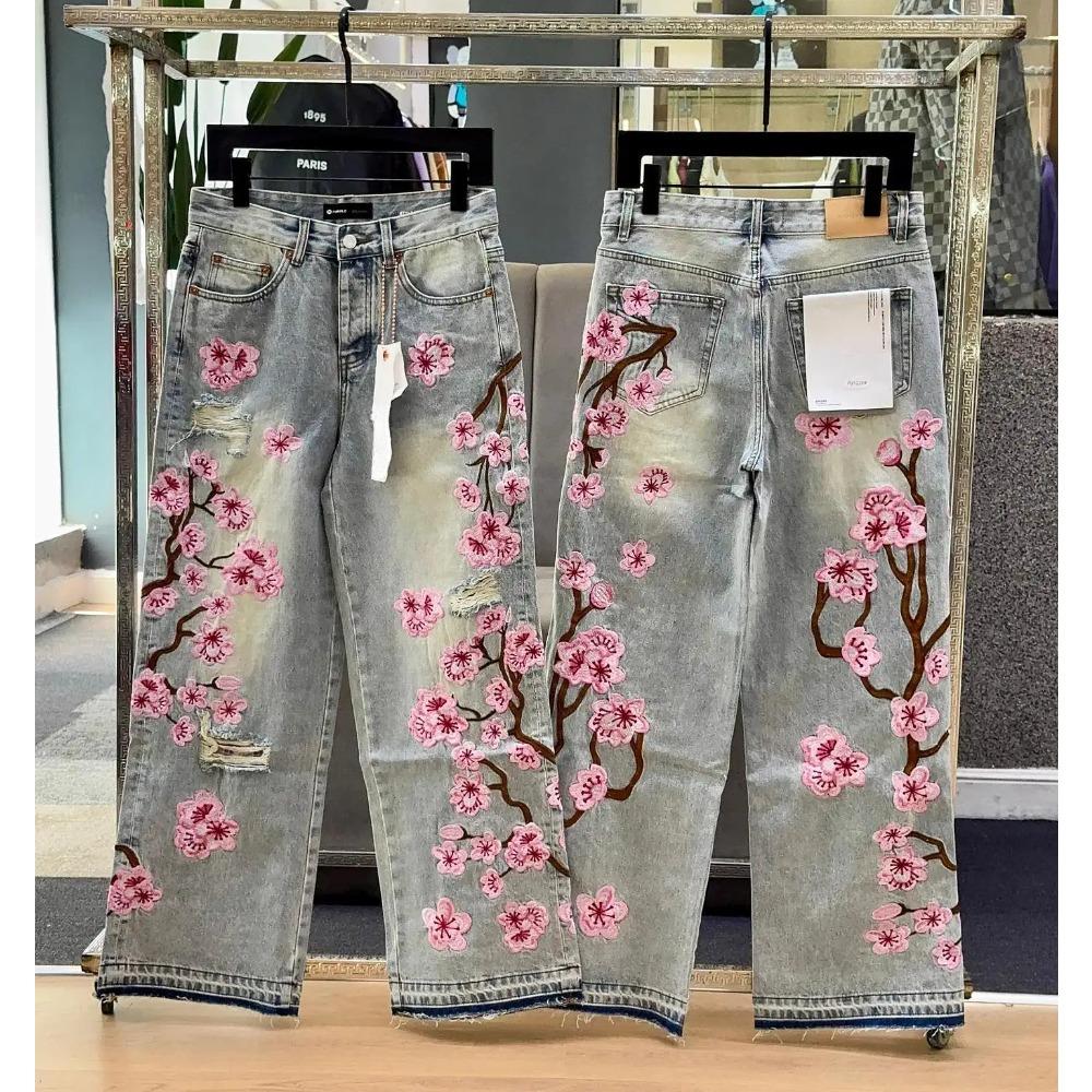 Streetwear Gotic Jeans Brodați cu Flori de Cireș Haine Y2K Bărbați Femei Hip Hop Vintage Jeans Largi cu Talie Joasă Pantaloni cu Picior Lat