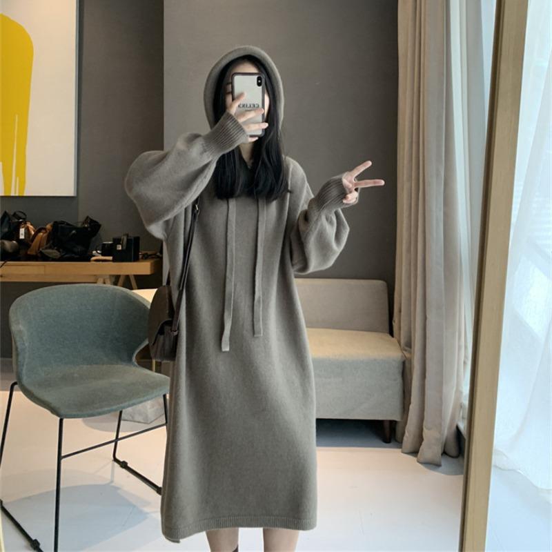 Autumn and winter new hooded large size knitted dress women's medium and long loose and thin lazy wind sweater skirt