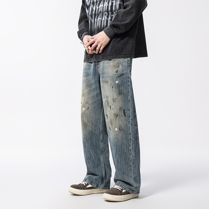 New American retro ink splashing old washed jeans men's high street trendy brand loose straight trousers cotton