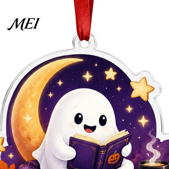Holiday Party Decoration Halloween Reading Ghost Hanging Ornament, Acrylic Holding Book Pumpkin Festive Decorations Black Cat Mummy Decor, 2D Cartoon