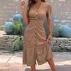 Women's Button Down Ruched Long Dress Casual Short Sleeve V-Neck Maxi Dress Summer Beach A-Line Swing Sundress
