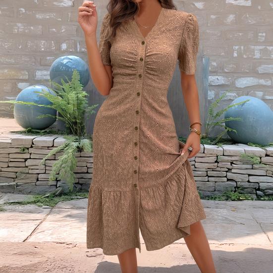 Women's Button Down Ruched Long Dress Casual Short Sleeve V-Neck Maxi Dress Summer Beach A-Line Swing Sundress