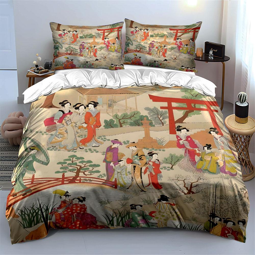 Elegant Japanese Garden Bedding Set 3pcs, Vintage Ukiyo-e Art Print Duvet Cover, Soft Cozy Bed Linens with Torii Gate Design