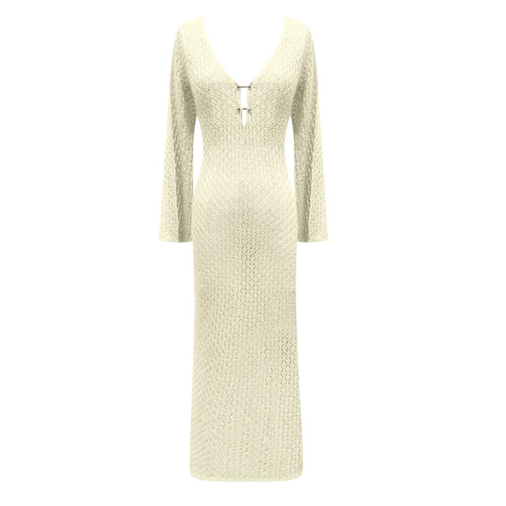 Women's Long Beach Dress Color Knit Hollow Out Swimsuit Cover Up Sunwear
