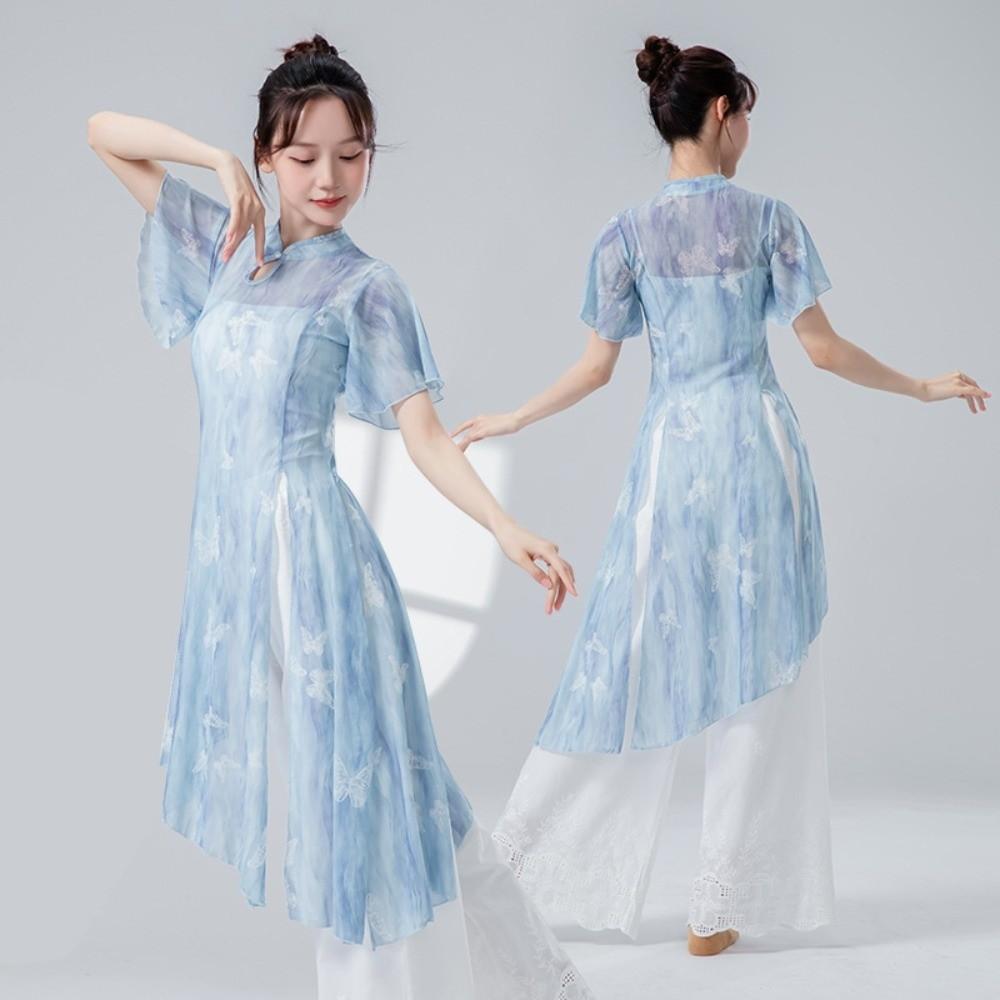 Butterfly Classical Dance Top Cheongsam Neck Dance Mesh Top Fashion Gauze Mesh Shirt  Women