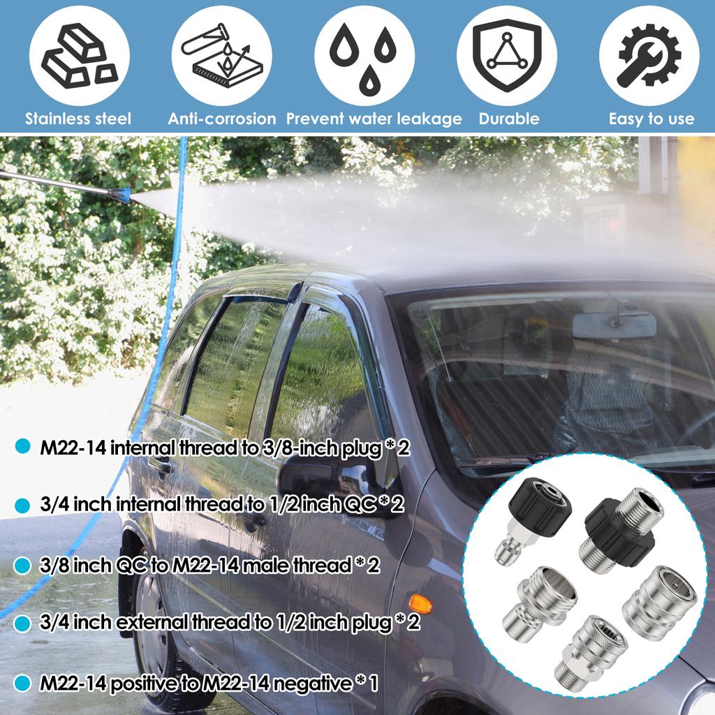 9Pcs Pressure Washer Adapter Set 5000PSI Max Stainless Steel M22 14mm To 3/8 Inch Quick Connect Pressure Washer Hose Fittings