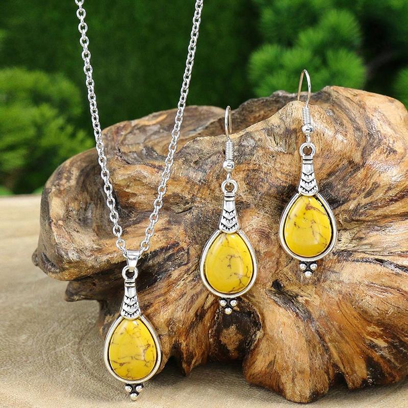 Fashion Bohemian Vintage Simple Blue Natural Stone Jewelry Set Women Silver Color Chain Long Pendant Necklace Waterdrop Earrings