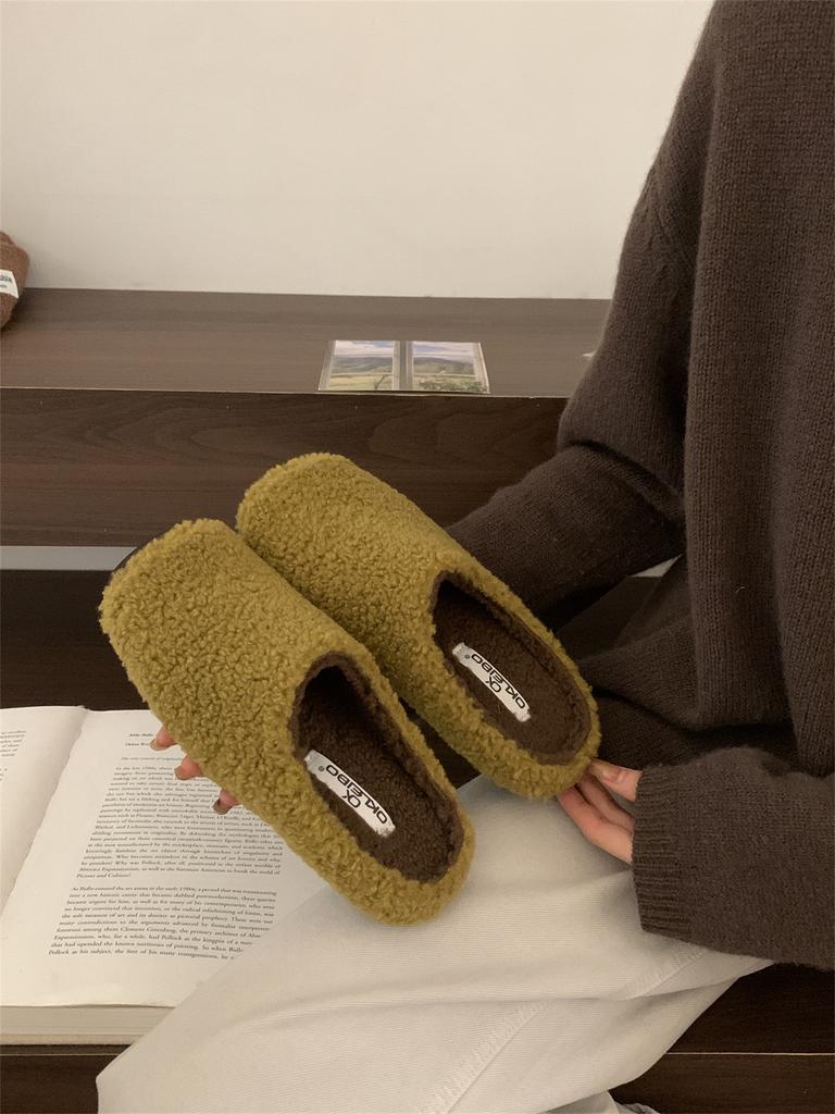 Retro Lamb Wool Plush Slippers Women's Outer Wear 2025 New Small Fragrant Splicing Lazy One-pedal Cotton Mop