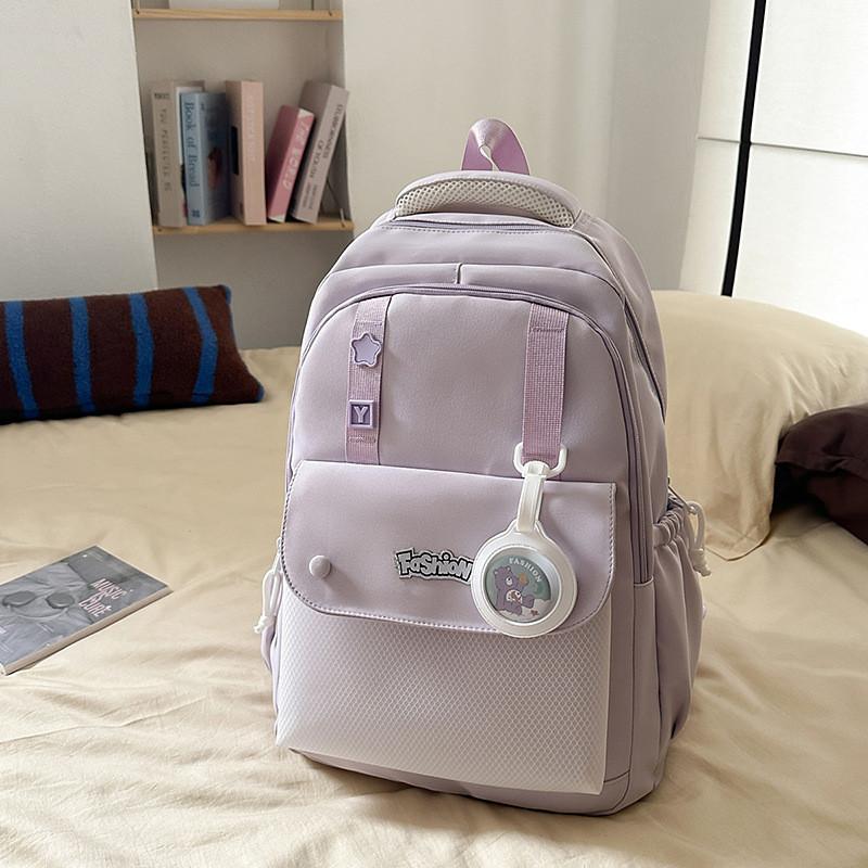 Solid Color Simple Letter Print Student Backpack With Pendant For Daily Use