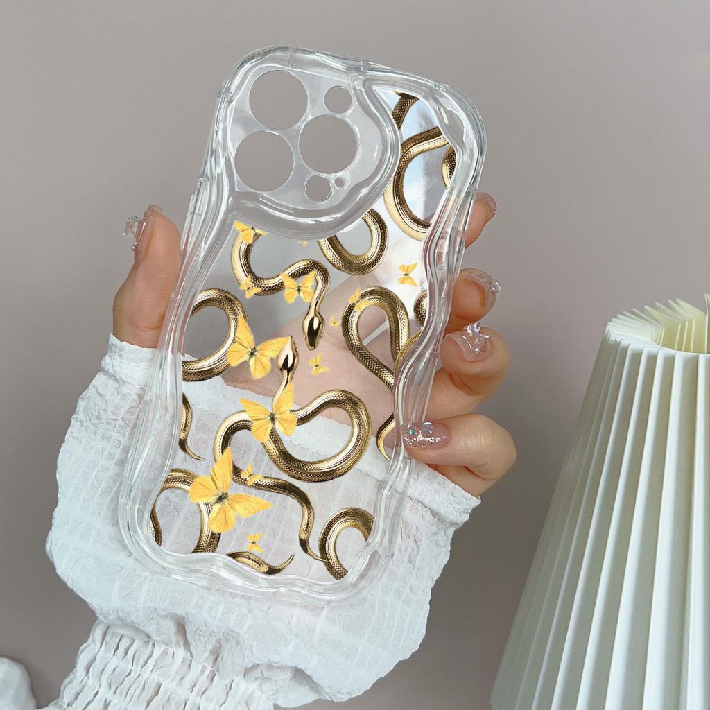 LZ5 Butterfly Černo-zlatý Hadí Průhledný Měkký Vlnitý Pouzdro na Telefon pro iPhone 15 13 Pro Max 12 Mini 14 8 Plus XS Max XR 6 Ochranný Zadní Kryt