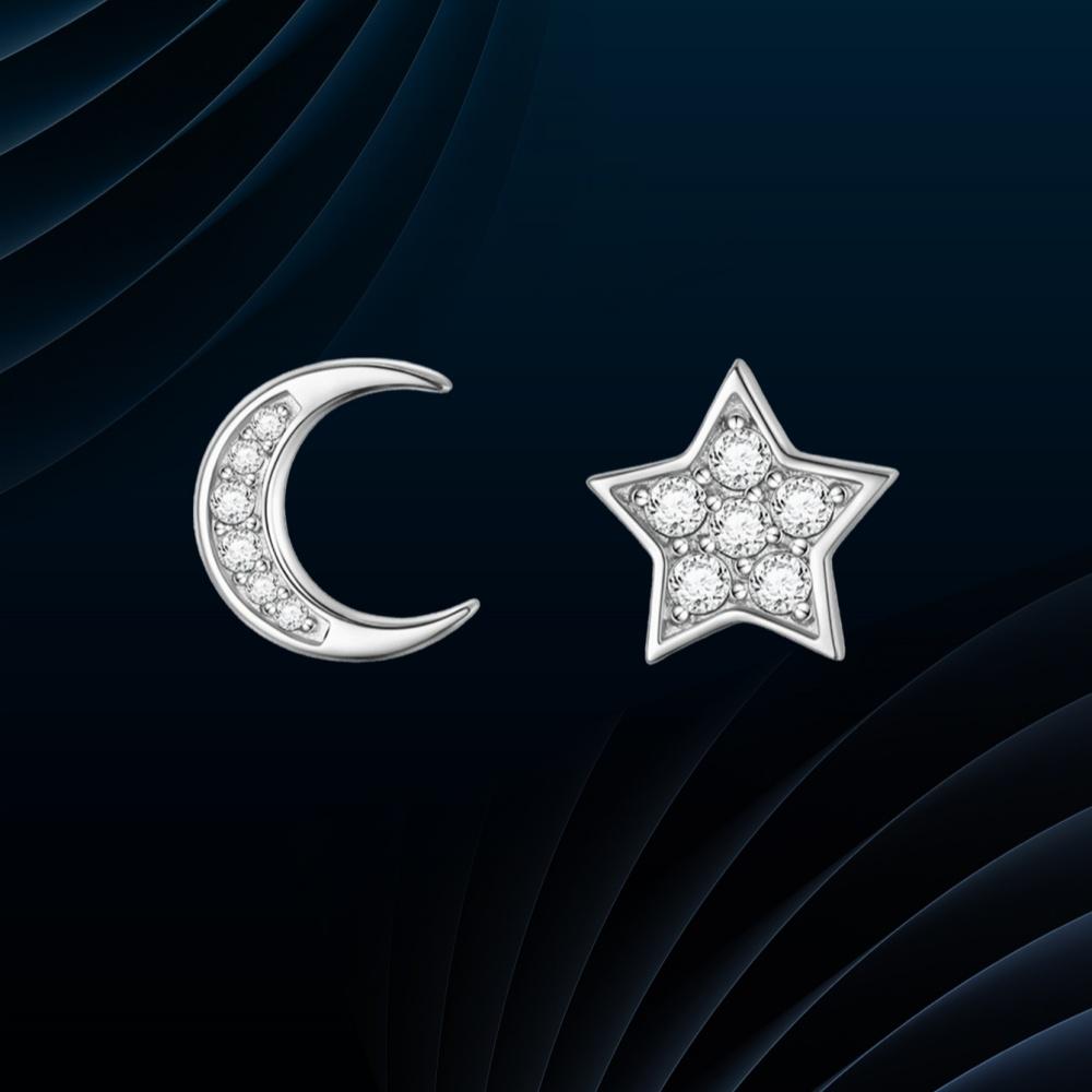 Rundschliff Moissanit Stern Mond Ohrstecker 925 Sterlingsilber Herren Ohrring