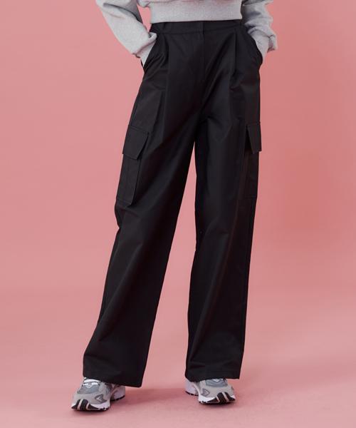 KOLEAT Women Functional Crinkly Wide Cargo Slacks Pants [Black]