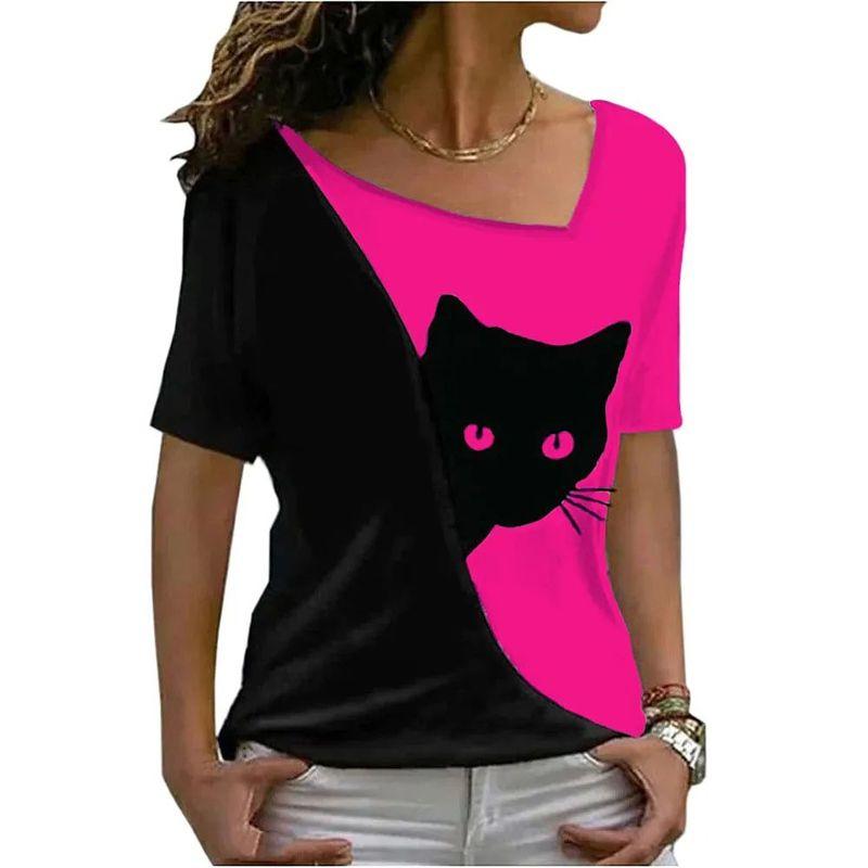Diagonal Collar Black Cat Printed T-shirt Diagonal Collar Black Cat Print T-shirt