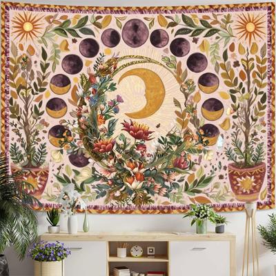 Boho Bohemian Celestial Tapestry Wall Hanging Floral Moon Sun Botanical Decor Art Polyester Fabric Room Decoration Poster Print