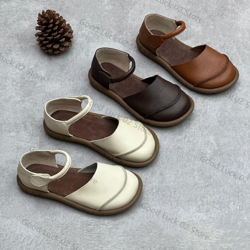 Fashion Soft Leather Women's Flat Shoes Retro Handmade Comfortable 2025 Summer Genuine Leather Fashion Black Casual Sandals Ladies
