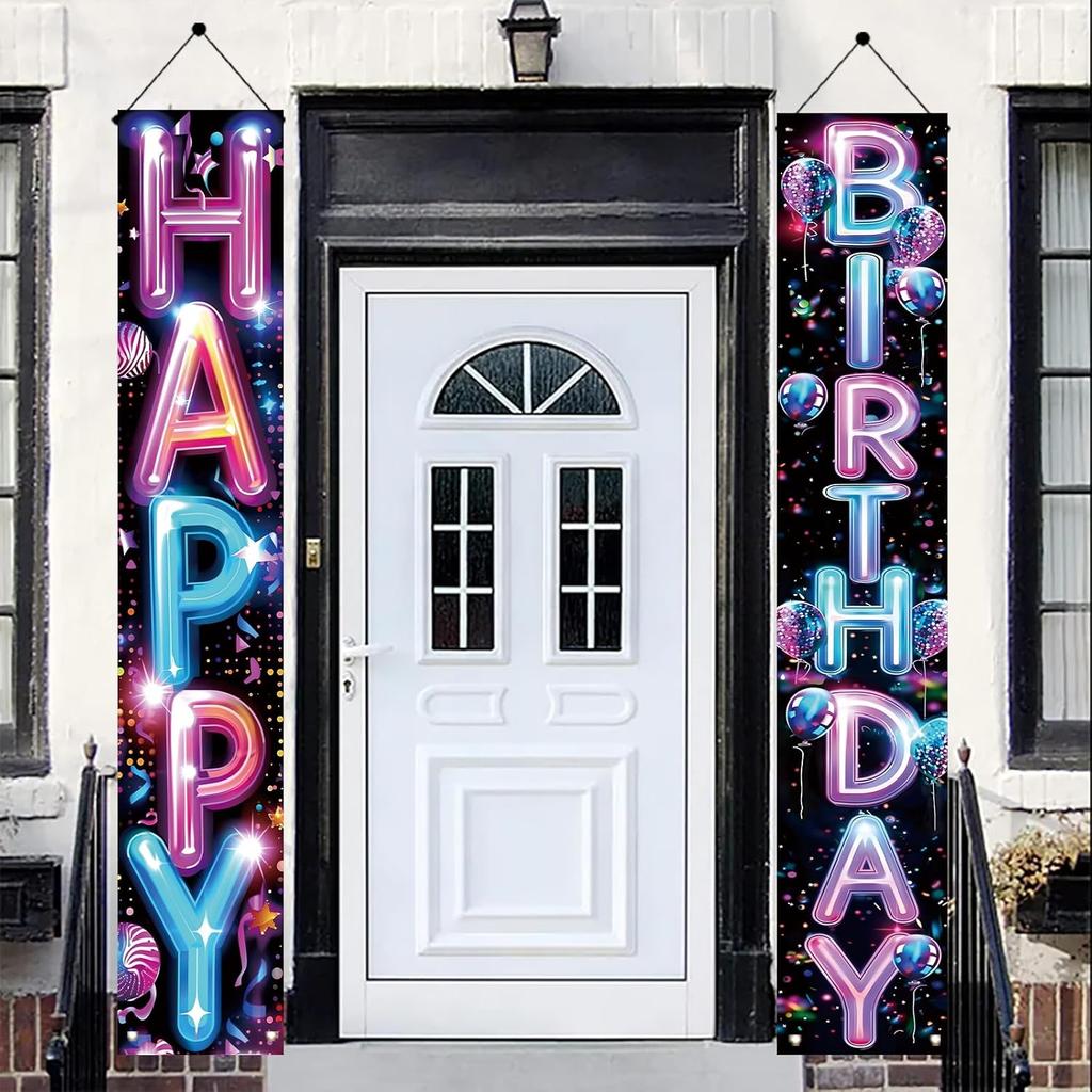 2 Pcs Happy Birthday Door Banner, Neon Lights Theme, Polyester Fabric, Easy to Hang, Indoor/Outdoor Use
