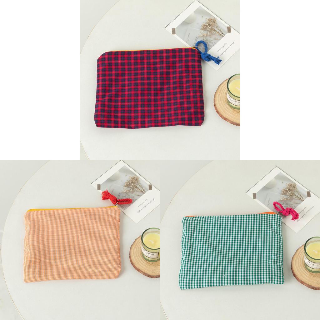 Canvas Grid Pattern Makeup Bag With Zipper For Daily Use And Travel Storage