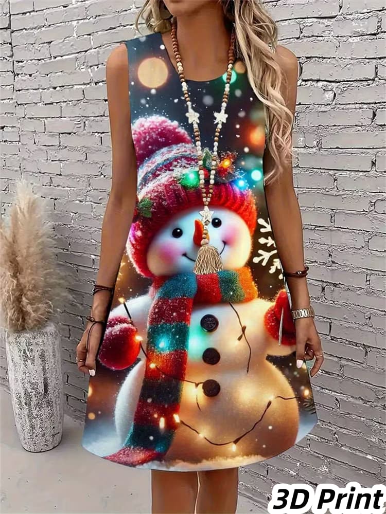 Lässiges Damen Tanktop-Kleid Sommer Ärmellos O-Ausschnitt 3D-Druck Locker A-Linien-Kleid Strand-Westenkleid