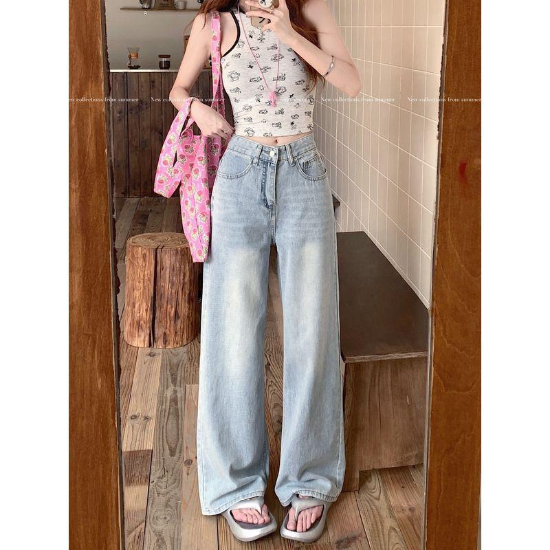 American Small Washed Light Blue Wide Leg Denim Female 2025 Summer High Waist Loose Straight Mopping Pants