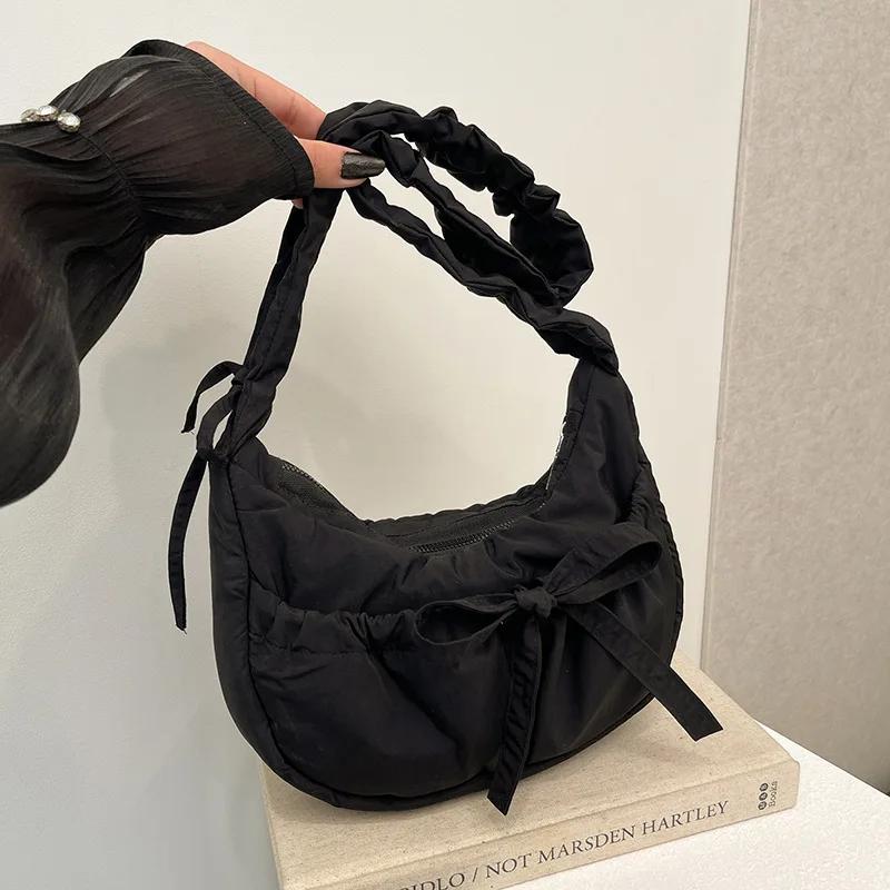 

Популярная сумка-хобо из нейлона в стиле преппи с бантом, женская, симпатичная, плиссированная, через плечо, изысканная сумка на плечо с завязками чёрный