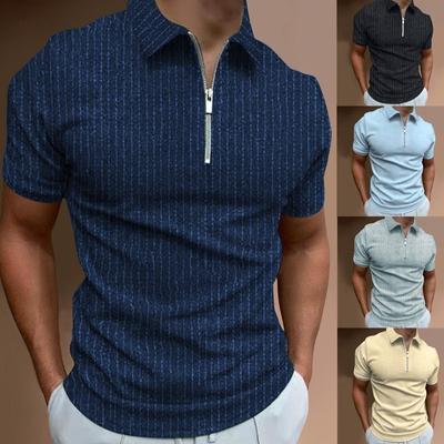 Summer Casual Slim Fit Short Sleeved Striped Zipper Lapel T-shirt Top Polo Shirt