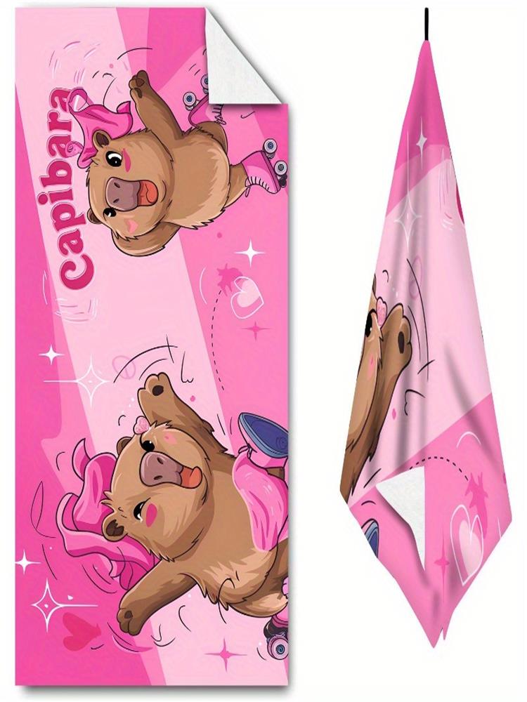 1Pc 1Pc Pink Roller Skate Capybara Beach Towel Cute Cartoon Quick Dry Bath Towel For Swimming At The Beach Absorbent Large Towe