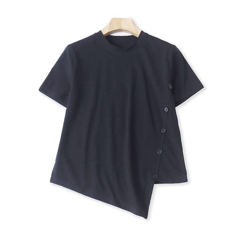 

Летняя новинка Женская одежда для внешней торговли Модная свободная и простая повседневная футболка с круглым вырезом и коротким рукавом однотонная из чистого хлопка Black S