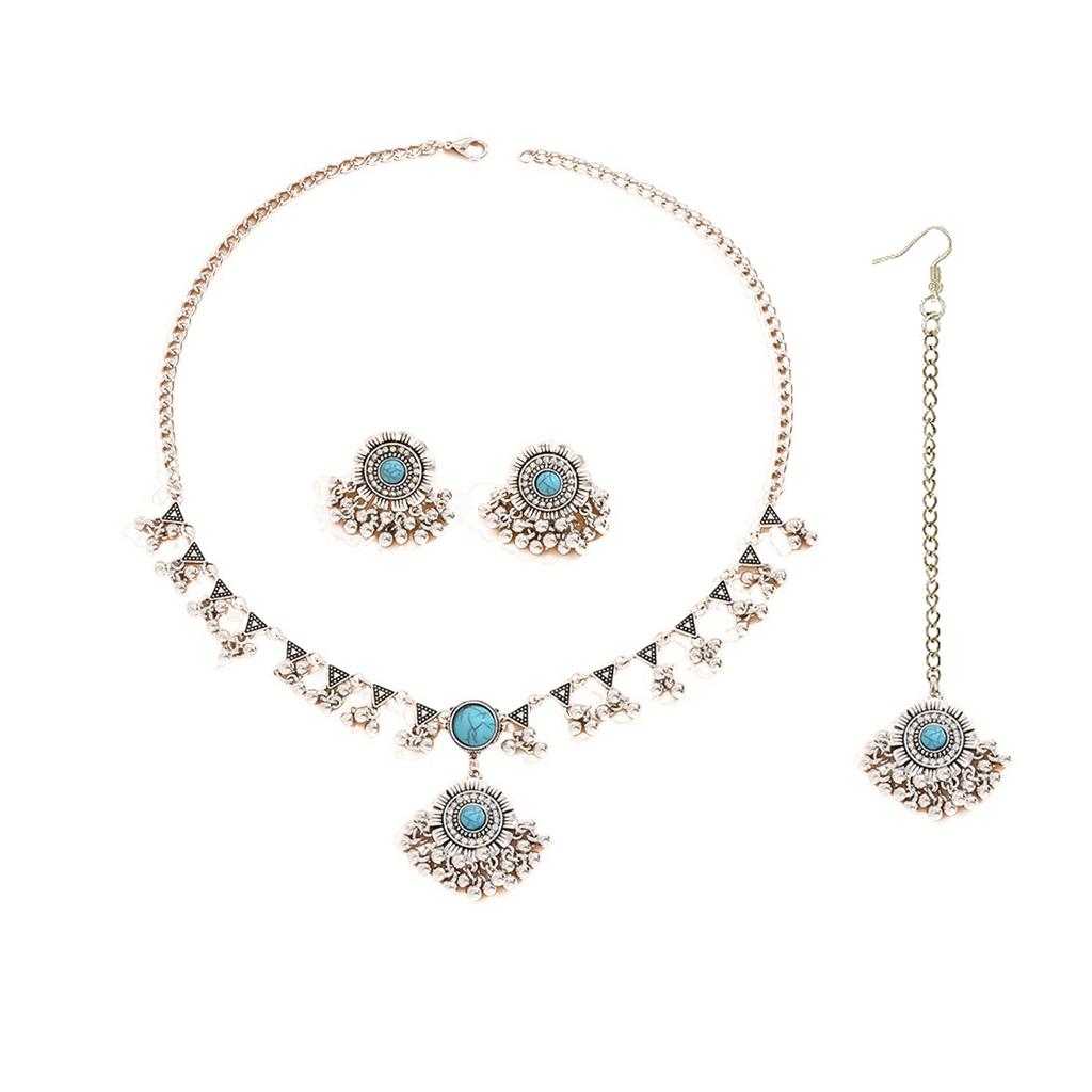 Vintage Boho Tassel Necklace and Earring Set , Trendy Ethnic Style Jewelry for Women , Silver and Blue Available