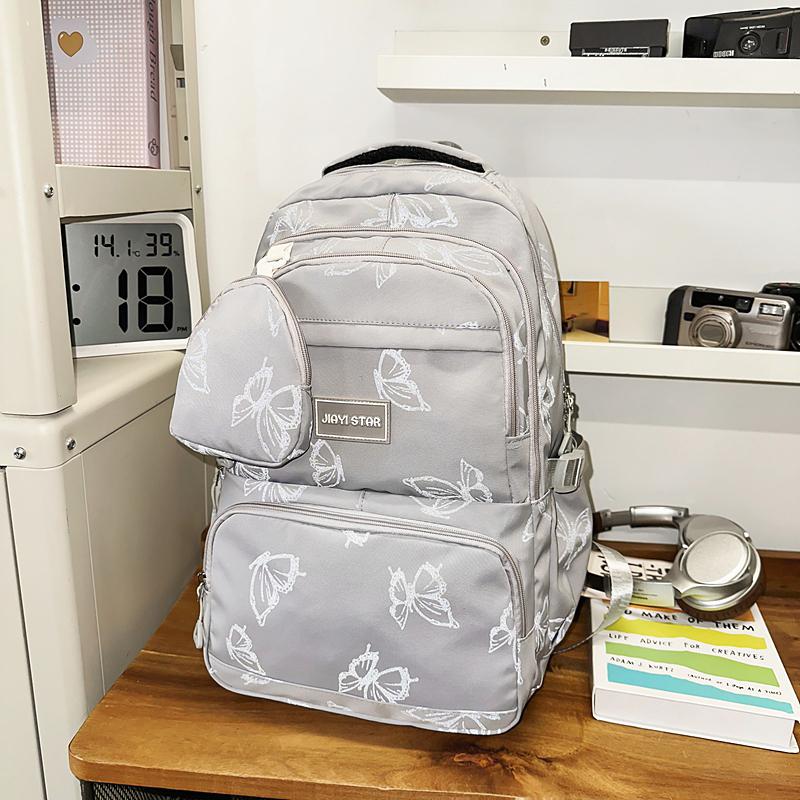 Butterfly Print Junior High School Student Schoolbag Women's Large Capacity Travel Lightweight Backpack with Coin Purse