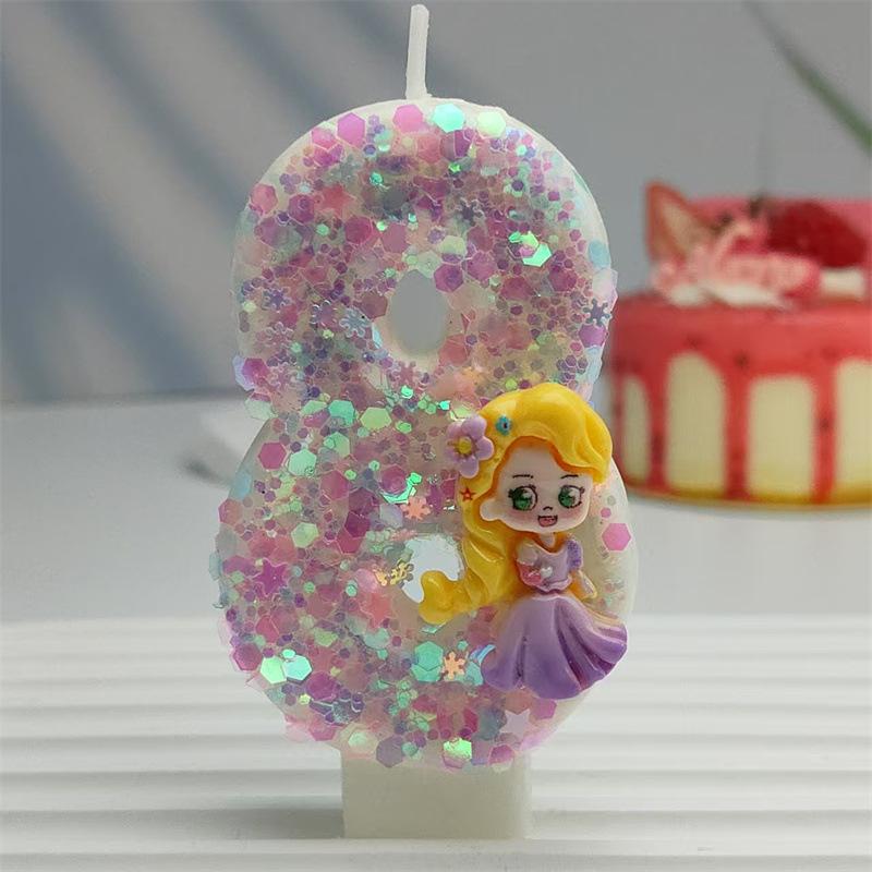 Creative Styling Cartoon Rapunzel Digital Candle Birthday Cake Decoration Colorful Sequin Candle