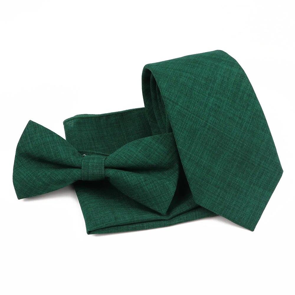 Men Fashion Solid Color Cotton Tie Bowtie Handkerchief Set Wedding Party Butterfly Necktie