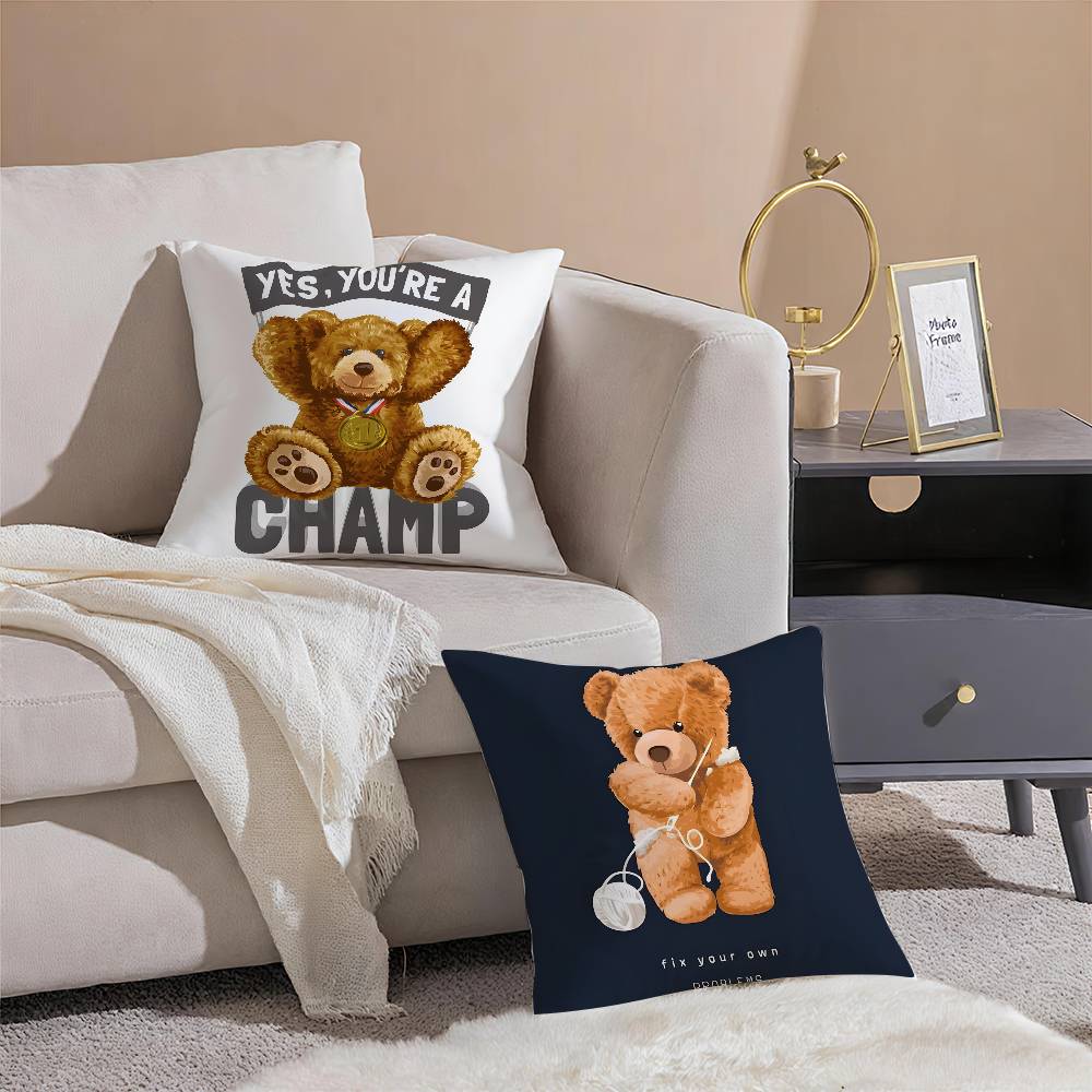 Childish-hearted And Friends Teddy Bear-B Pillow Case Comfort Sofa Bed Silky Elegant Invisible Zipper Decorative Cushion Cover
