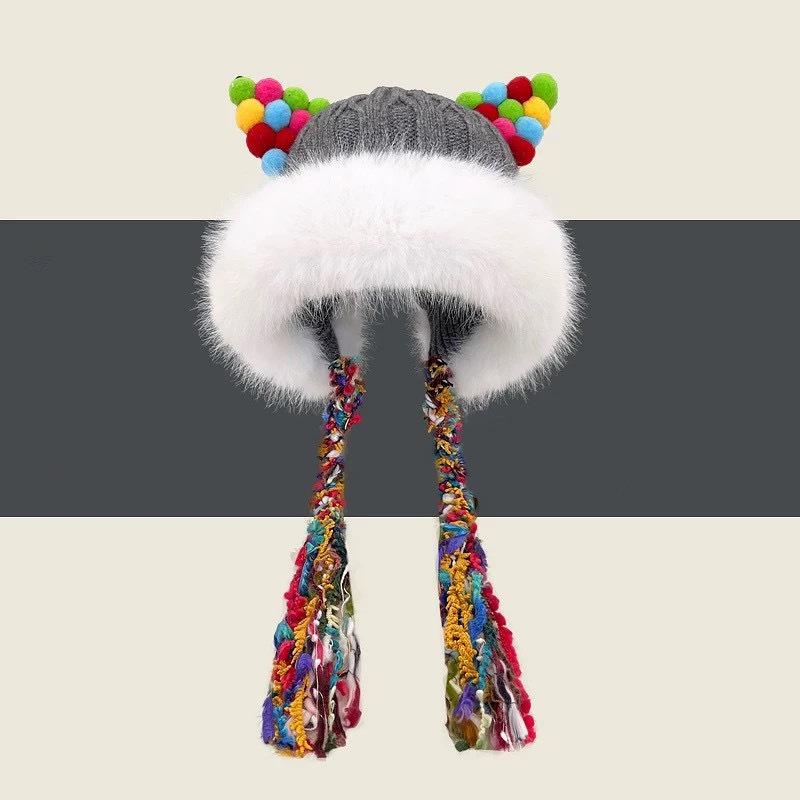 

Осенне-зимняя теплая универсальная цветная плетеная шапка-ушанка 2025 года, новая женская шерстяная шапка с милыми ушками и большими заусенцами M（56-58cm）