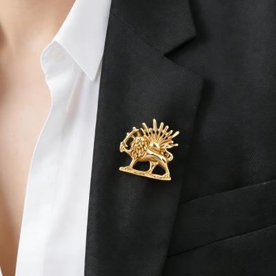Stainless Steel Persian Lion and Sun Pins Brooch for Men, Persia Shamshir Shir Khorshid Collar Badges, Vintage Fashion Jewelry