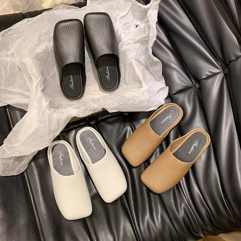 Baotou slippers female students wear new simple and fashionable versatile leather pattern one pedal lazy cool slippers female