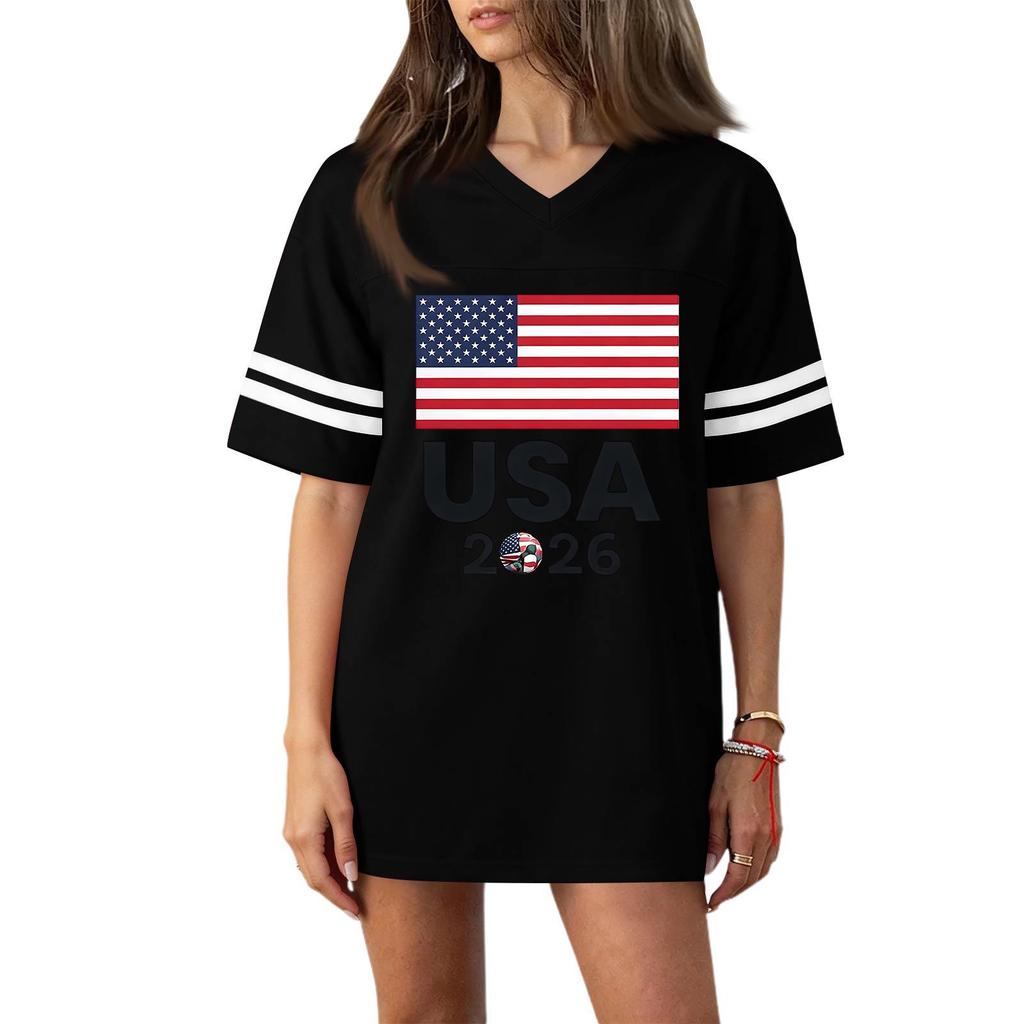 Women's Casual V Neck Sports Jersey Shirt Short Sleeve Printed Soccer Tee Top Comfortable Loose Fit Athletic Wear for Outdoor Activities