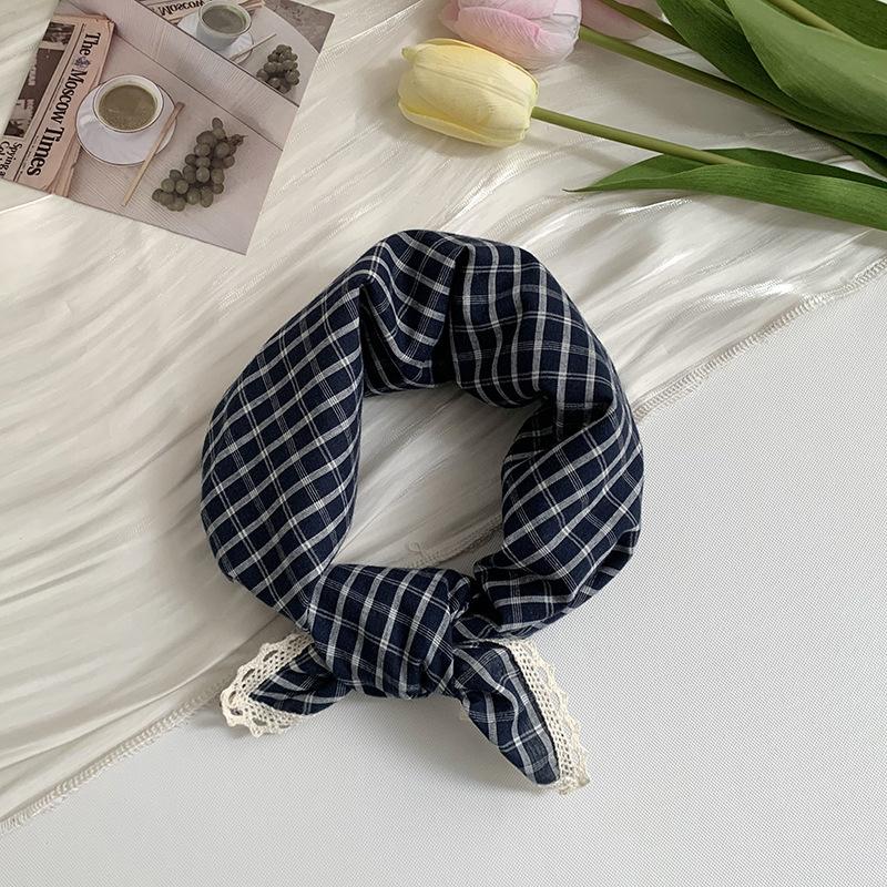 Silk scarf neck small square scarf plaid lace edge versatile fashion scarf headscarf summer women pastoral silk scarf headband