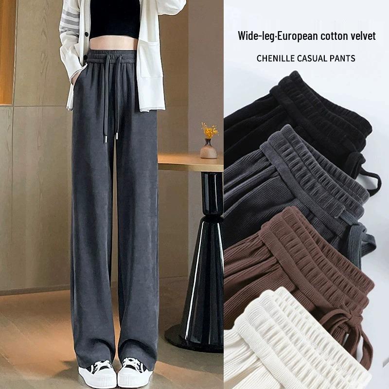 Women's Gray High-Waisted Wide-Leg Drawstring Pants - 2025 Autumn/Winter, Casual, Pear-Shaped Slimming, Hip-Covering.