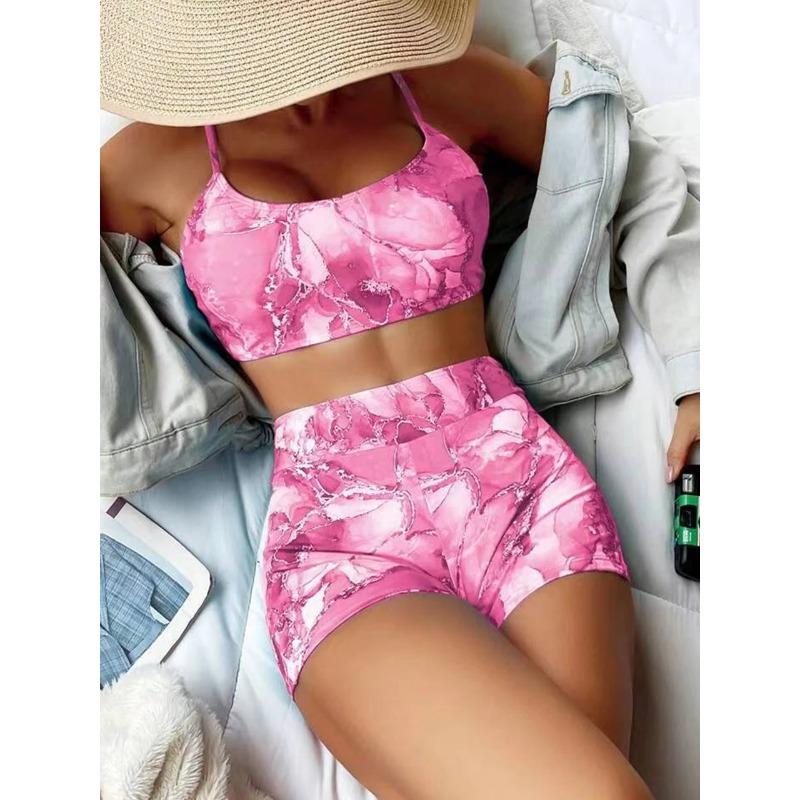 Two Pieces Marble Print Swimwear 2026 Women High Waist Swimsuit Summer Beach Wear Female Bathers Bathing Swimming Sport Suit